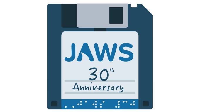 A blue 3.5 inch floppy disk that looks very much like those JAWS was distributed on 30 years ago.  It has a white sticker saying 'JAWS' in their logo type and '30th Anniversary' in handwriting.  Below that in a Braille font it says 'JAWS 30'
